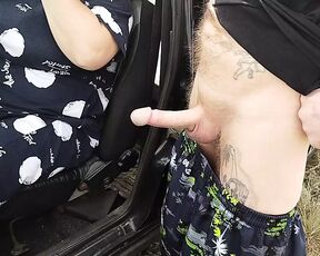 the bitch sits in the car and publicly jerks off my dick in nature until I cum