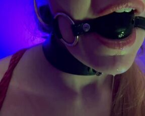 Ballgag, dripping, blindfolded in bondage